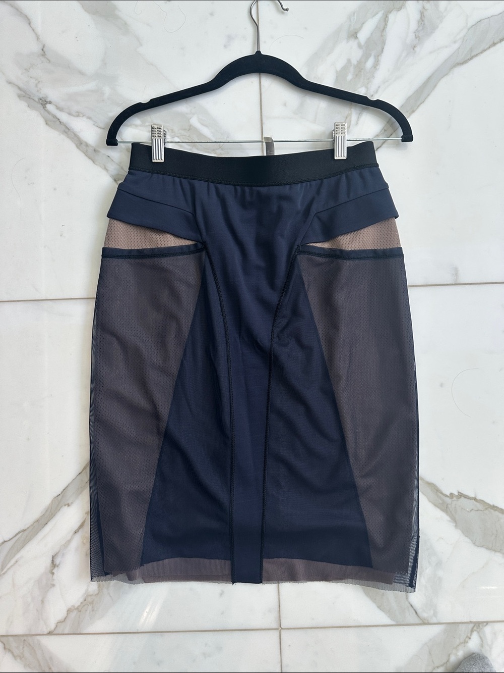 BCBGMaxAzria Navy Mesh-Inset Pencil Skirt